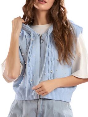 Peach Love California Light Blue Pearl-Accent Hooded oversized Knit Vest